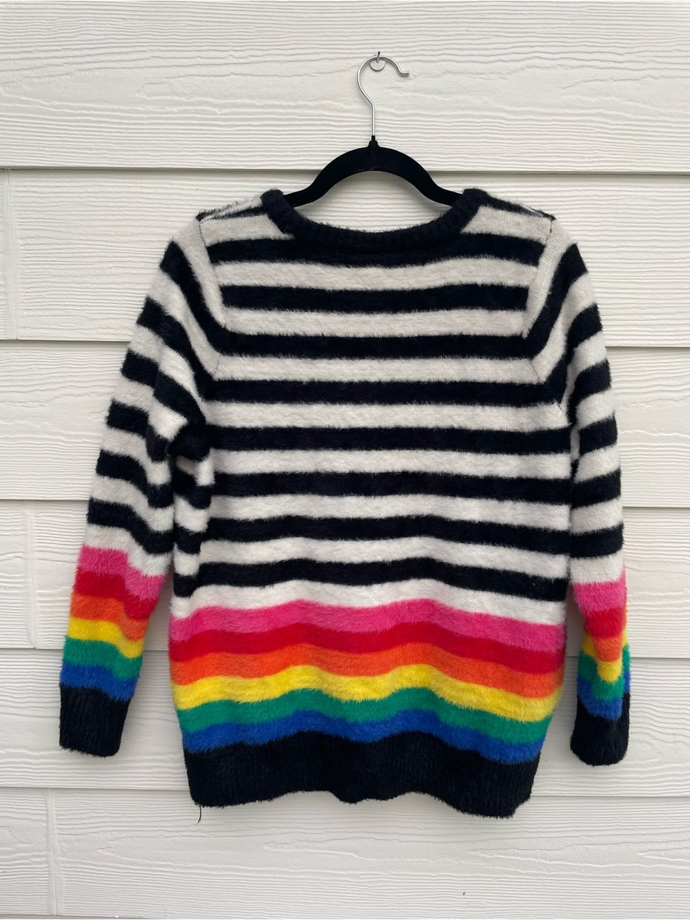 Black & White Striped Rainbow-Trim Fuzzy Sweater